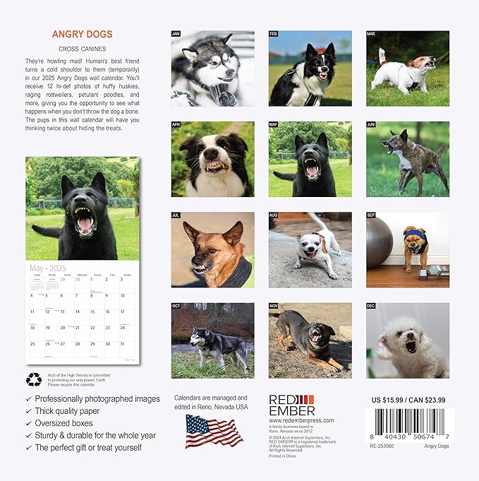 RED EMBER Angry Dogs 2025 Wall Calendar 12 Month | 12" x 24" Open | Thick & Sturdy Paper | Giftable | Calendar 2025