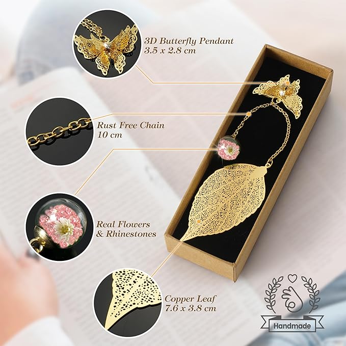 Bookmark with Gift Card,Golden Leaf Book Mark, Rose Flower Craft Gift Card Envelope, Gift for Family, Friend, Kid, Book Lovers rosepw