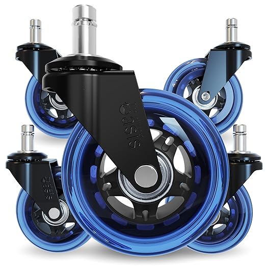 The Office Oasis Original Rollerblade Office Chair Wheels (As Seen On PBS) - Smooth & Quiet Casters - Safe for Hardwood Floors & Carpet - Easy Installation with Universal Fit - Set of 5 - Blue