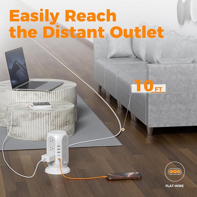 Tower Power Strip with Individual Switches, TESSAN Surge Protector with 12 Outlets, 5 USB Ports(2 USB C), Flat Extension Cord 10 Ft, Flat Plug, Charging Station for Multiple Devices, for Office, Dorm