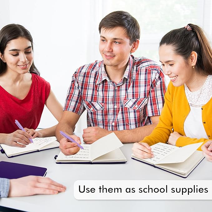 feela 3 Pack Notebooks Journals Bulk, Hardcover Notebook Classic Ruled Lined Journal Set with Pen Holder for Work Business Journaling Note Taking, with 3 Black Pens, 120 GSM, 5.1”x8.3”, A5, Purple