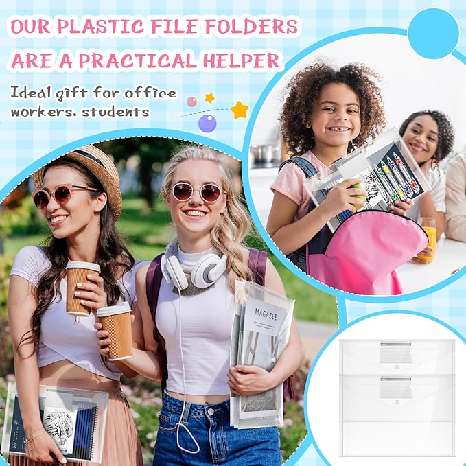 Zhehao 100 Pcs Clear Envelopes with Snap Button Closure A4 Letter Size Plastic Envelope Folder Poly Document File Folders for home Office(Clear,Pocket Style)