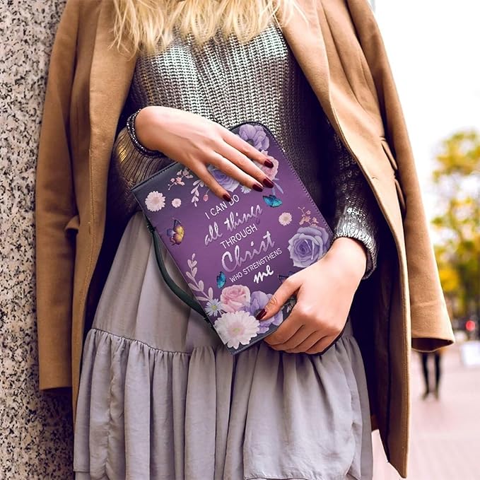 Lotusorchid Flower Butterfly Bible Bags for Women, Portable Bible Cover Bags for Girls, Christian Bible Study Accessories,I Can Do All Things Through Christ Who Strengthens Me Bible Verse, XL