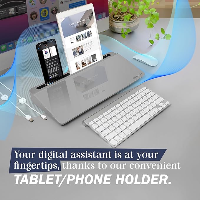 15-Inch Desktop Whiteboard - Glass Dry Erase Board for Desk Whiteboard with Stand with 3 Markers, Spray Bottle, 3 Cable Holders & Storage Box Work from Home Office Gadgets, Grey