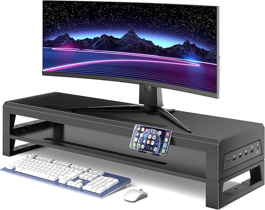 2-Tier Metal Computer monitor stand Laptop Desk Shelf & Monitor Riser ，27.55 inches long desk riser ,22W charging power, 2 USB 3.0 ports, and 1 USB 2.0 port Monitors/PC/Laptop/Computer Space Saver Organizer(USB Hub Fast Charging Version, Two-layer 700mm)