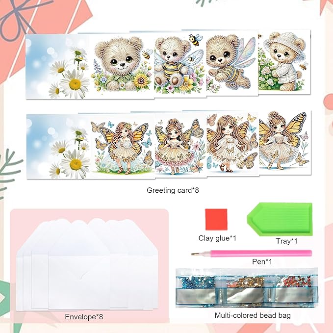 8 Packs Diamond Art Painting Greeting Cards Kit Special Shaped Diamond Art Greeting Cards with Envelope Arts Crafts for Christmas Birthday Thanksgiving Day Holiday (Bee Bear Butterfly Elf)