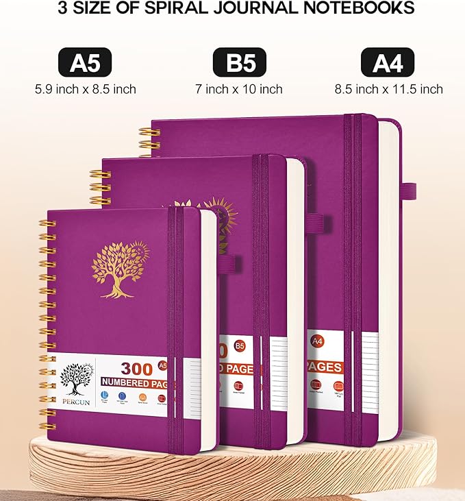 Spiral Notebook Journal for Women Men, 300 Numbered Lined Pages, College Ruled, A5 Hardcover Spiral Bound Notebook for School, Work, Note Taking Writing, Leather Spiral Journal Medium 5.9"x8.5"