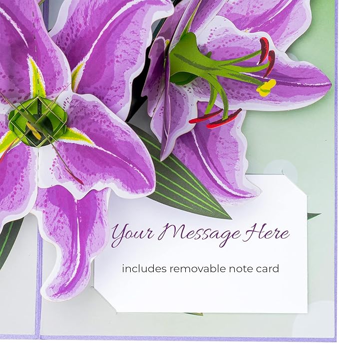 Paper Love 3D Purple Lilies Pop Up Card, Gift for Birthday, Wedding, Anniversary, Mothers Day, Thank You, Get Well, All Occasion or Just Because - 5" x 7" Cover - Includes Envelope and Note Tag