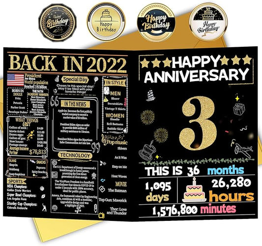 Joycard 3th Anniversary Card for Women Men, Gold Wedding Card for Wife Husband, Sweet Marriage Decorations Gifts for Couple, Perfect for Her Him on Anniversary Day, Back in 2022