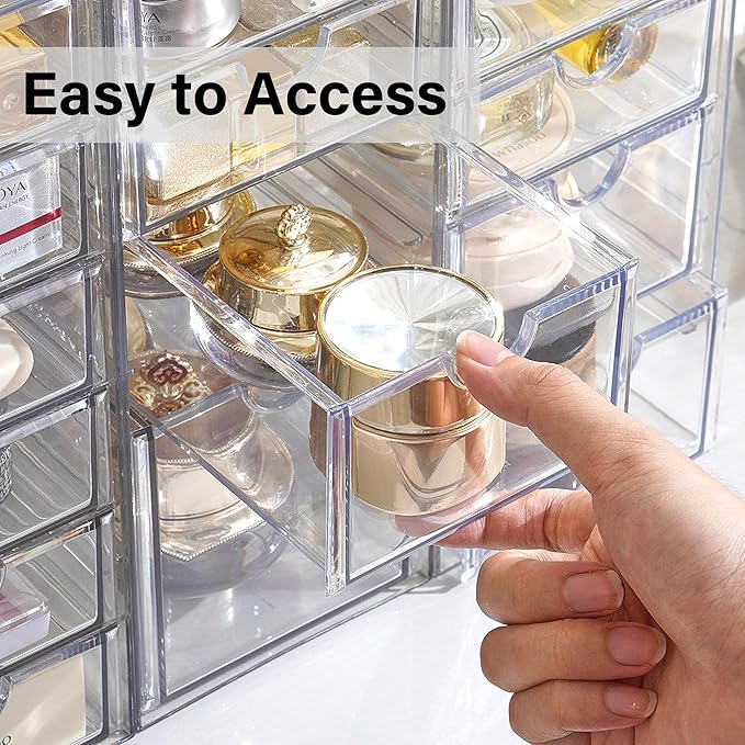 Prsildan Acrylic Drawer Makeup Organizer with 6 Drawers, Set of 2 Office Desk Organizers Accessories, Clear Stackable Storage Drawers for Vanity, Countertop, Craft, Jewelry, Art Supply Organization