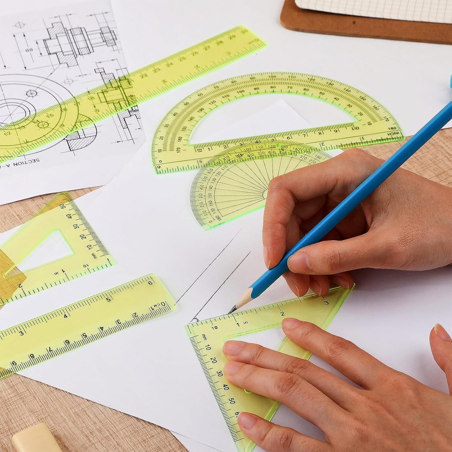 Tenare 1 Set Plastic Clear Math Set Includes Protractor Triangle Rulers 12 Inch 6 Inch Straight Geometry Math Transparent Ruler Measuring Tool for School Office Home Supplies(Yellow)