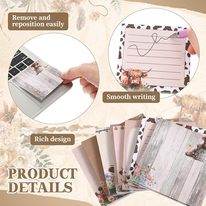 9 Pads Cute Sticky Notes Cartoon Animal Self Stick Notepads 3x3 Inches Notes Adhesive Memo Pad Office Decor Gifts for Students School Office Meeting (Highland Cow)