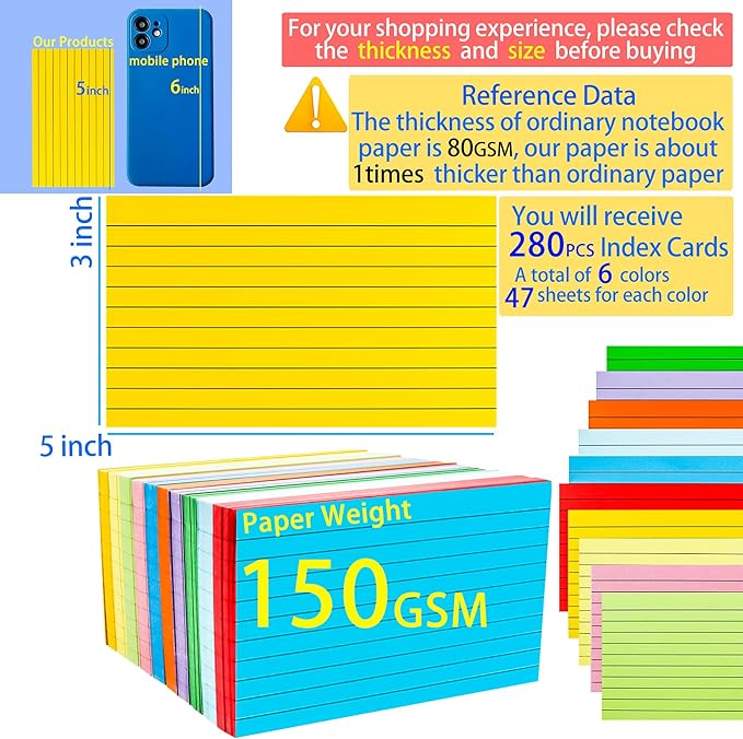 MotBach 280 PCS Index Cards Flash Cards,3" x 5", Colorful Ruled Notecards Study Cards Memo Scratch Pad Lined Studying Record Index Cards To Do List for Home School Office Supplies