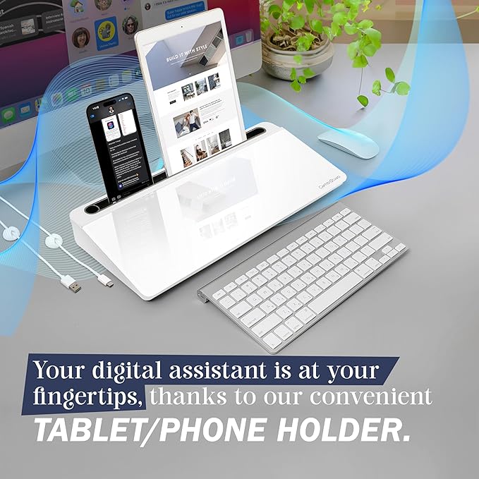 15-Inch Desktop Whiteboard - Glass Dry Erase Board for Desk Whiteboard with Stand with 3 Markers, Spray Bottle, 3 Cable Holders & Storage Box Work from Home Office Gadgets, White