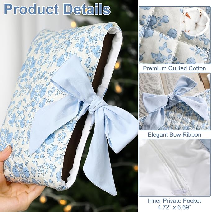 Honoson Quilted Bow Bible Sleeve Book Cover Case Padded Protector Washable Bible Bag Pouch Christian Gift for Women Girls Book Lover Gifts(Blue Floral)