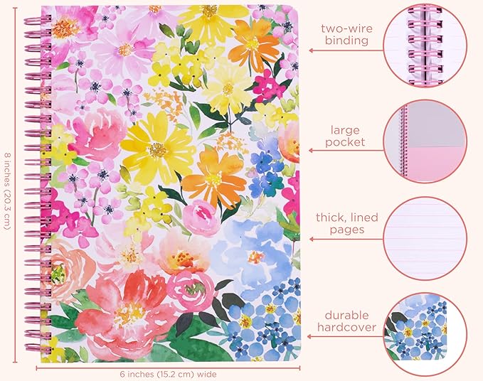 Steel Mill & Co Cute Floral Mini Spiral Notebook, 8.25" x 6.25" Journal with Durable Hardcover and 160 Lined Pages, Summer Garden
