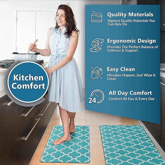 ComfiLife Kitchen Mats for Floor (2 PCs) – Cushioned Anti Fatigue Kitchen Rug for Comfortable Standing – Waterproof, Easy Clean, Non-Slip, Thick Kitchen Mat Set for Home, Office, Sink, Laundry (Teal)