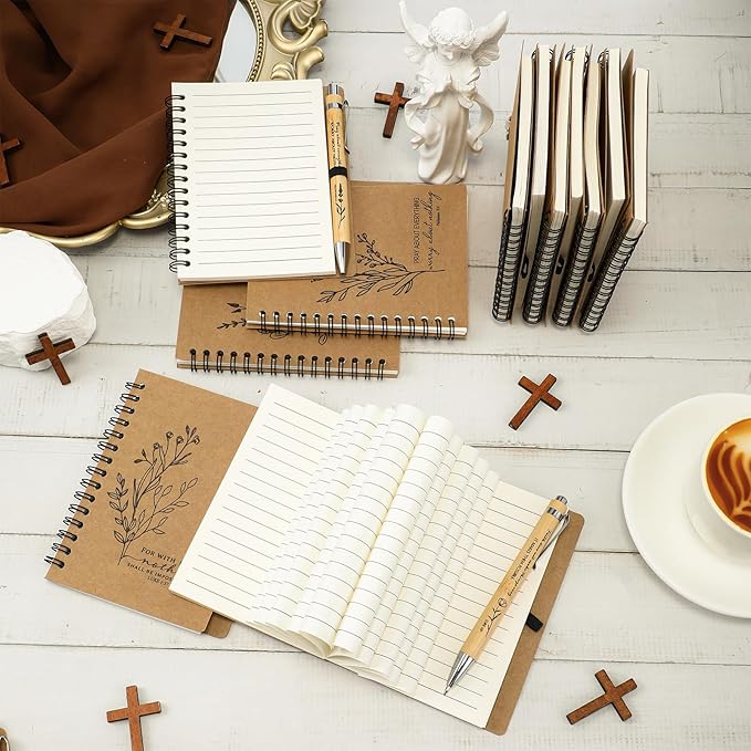 200 Pcs Bible Verse Spiral Notebook with Bamboo Christian Ballpoint Pens Aesthetic Religious Notepads Inspirational Journals Easter Christian Gifts for Women Men Office (Classic Style)