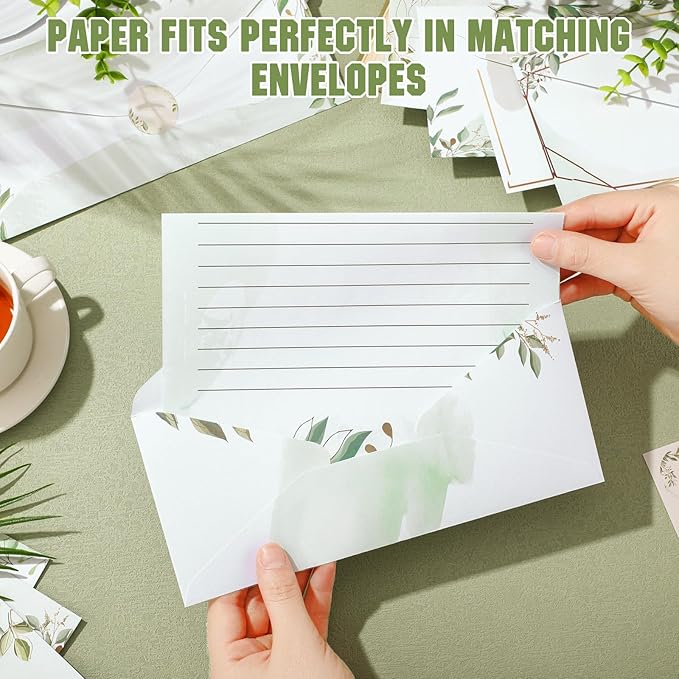 TaoBary 160 Packs Stationery Paper Set (50 Double Sided Stationery Writing Papers 50 Matching Envelopes) 60 Round Dot Sticker, 10 Design (8.5 x 11 Inch,Green Leaves)