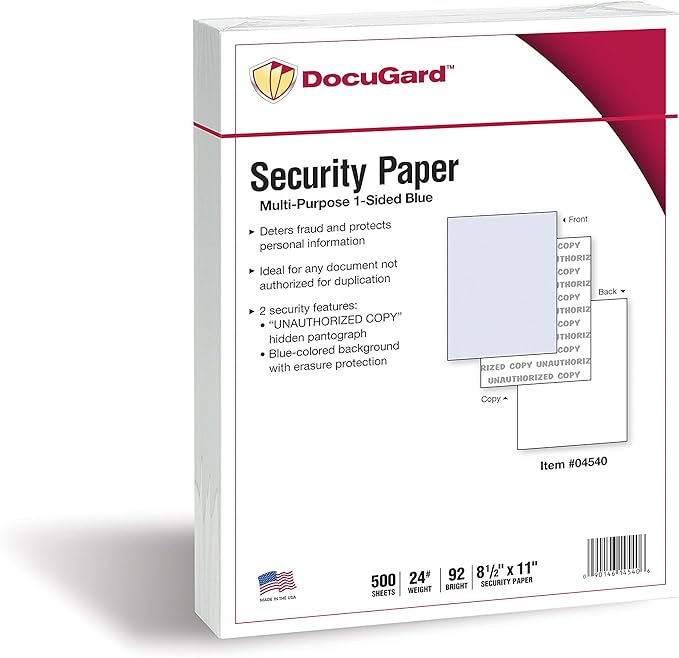 DocuGard Standard Blue Multi-Purpose Security Paper, 2 Features, 8.5 x 11 Inches, 24 lb, 500 Sheets (04540)