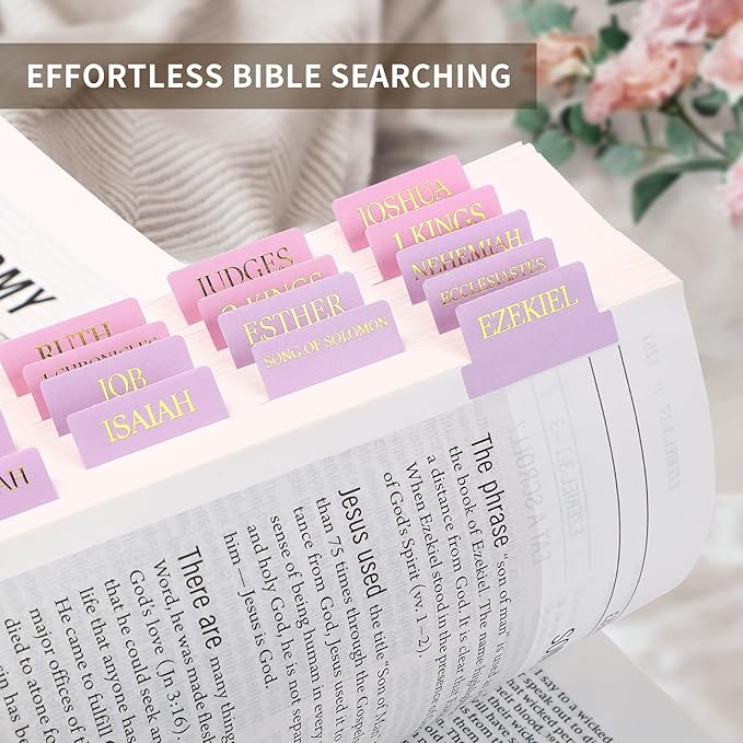Bible Tabs for Women & Men, Laminated Bible Tabs for Study Bible, Large Print Bible Tabs for Easy Navigation, Bible Index Tabs, 66 Tabs Old & New Testament, Extra 9 Blank Tabs - Violet Ombre
