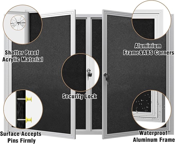48"x34" Enclosed Bulletin Board, Outdoor Lockable Weather-Resistant Aluminum Cork Noticeboard for School & Office, Silver Frame w/Black Flet
