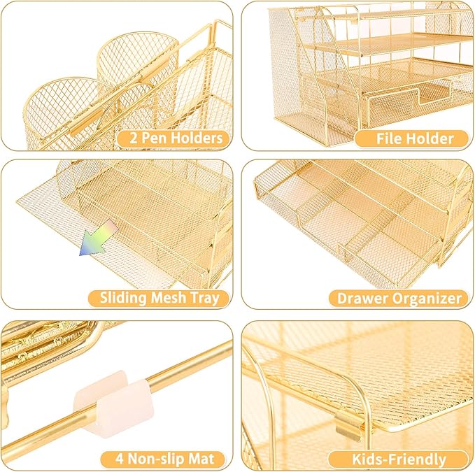 Desk Organizers and Accessories, Desk Accessories & Workspace Organizers for Office Supplies, File Organizer Desk Drawer Organizer with 2 Pen Holders, 4 Tier Paper Organizer for Desk (Gold)