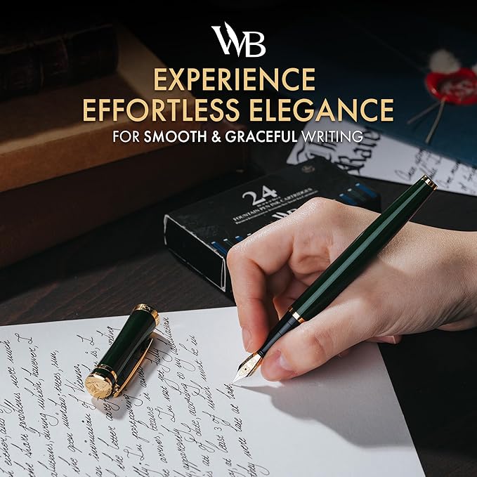 Wordsworth & Black Fountain Pen Set, 18K Gilded Medium Nib, Includes 24 Pack Ink Cartridges, Ink Refill Converter & Gift Box, Gold Finish, Calligraphy, [Racing Green], Perfect for Men & Women