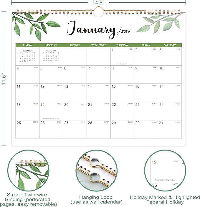 Wall Calendar 2025-2026 - 24 Months Wall Calendar 2025-2026, JANUARY 2025 - DECEMBER 2026, 14.8'' x 11.5'', Large Blocks with Julian Dates
