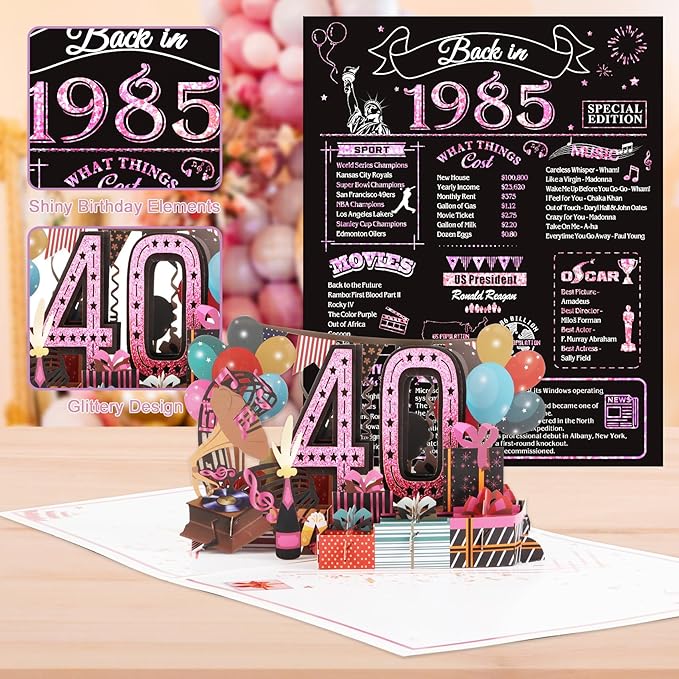 40th Birthday Card for Women Her, Jumbo 3D Pop Up 40th Birthday Gifts, Back In 1985 Happy 40 Year Old Sister Birthday Decorations Cards Card for Wife, Rose Gold