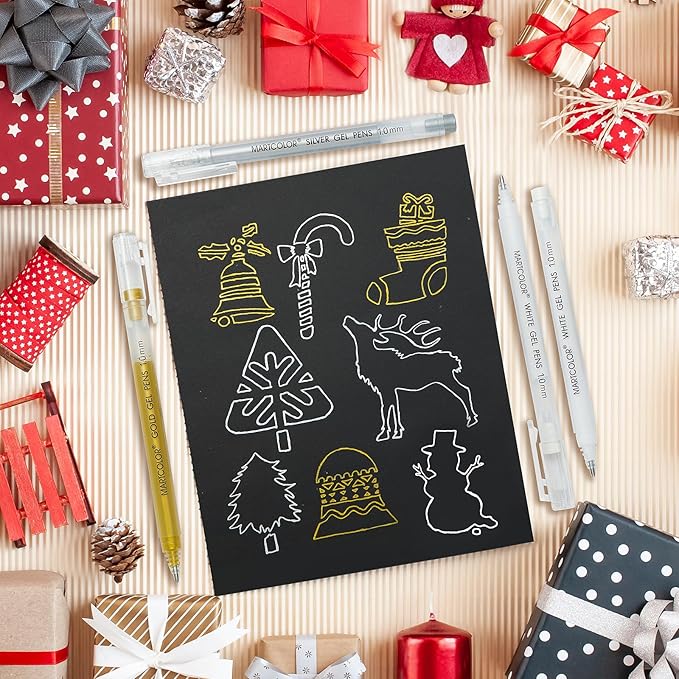 Gold Silver White Gel Pens, 5 Pack, 1 mm Extra Fine Point 3 Colors Gel Ink Pens Set, Opaque White Archival Ink Pens for Black Paper Drawing, Sketching, Illustration, Card Making