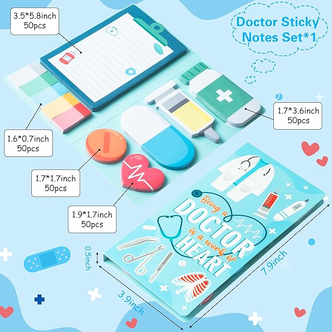 B1ykin Sticky Notes Set - Cartoon Theme Cute Self-Stick Notes Pad Teacher Appreciation Gifts， Self-Adhesive Writing Memo Pages Sticky to Do Notepad for Kids Employee School Office (Doctor)