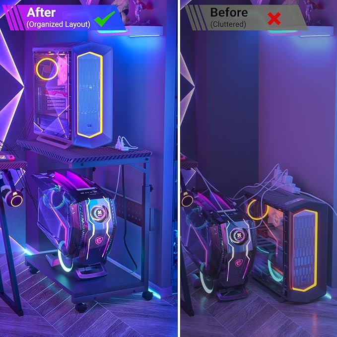 Computer Tower Stand with Power Strips, Height Adjustable PC Tower Stand/Cart with Wheels, Mobile Rolling CPU Holder, Computer Cart Side Stand for Computer Desk, 24", Carbon Fiber Black