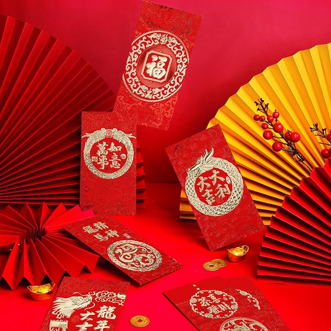 36PCS Chinese Red Envelopes, Chinese New Year Red Envelopes 2024 Dragon Lucky Money Red Packet Envelopes Hong Bao with Classic Chinese Patterns and Blessing Words (6 Styles)
