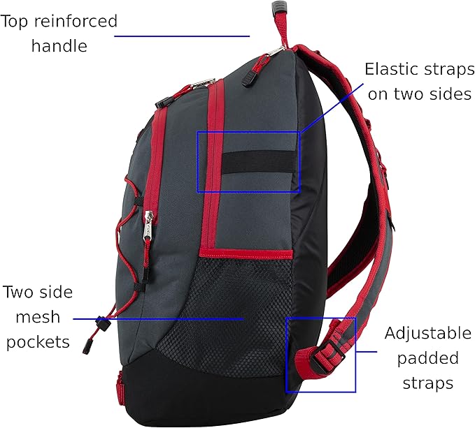 FUEL Hiking Backpack for Women Men Terra Sport, Travel, College, Gym, Work with Laptop Sleeve, Bungee, 18 Inches, Black Red Graphite