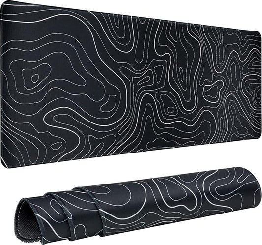 Gaming Mouse Pad Large 31.5 x 11.8in Topographic Keyboard Mousepad for Non-Slip Base and Stitched Edge, Extended Desk Pad XL Desk Mat (Black)