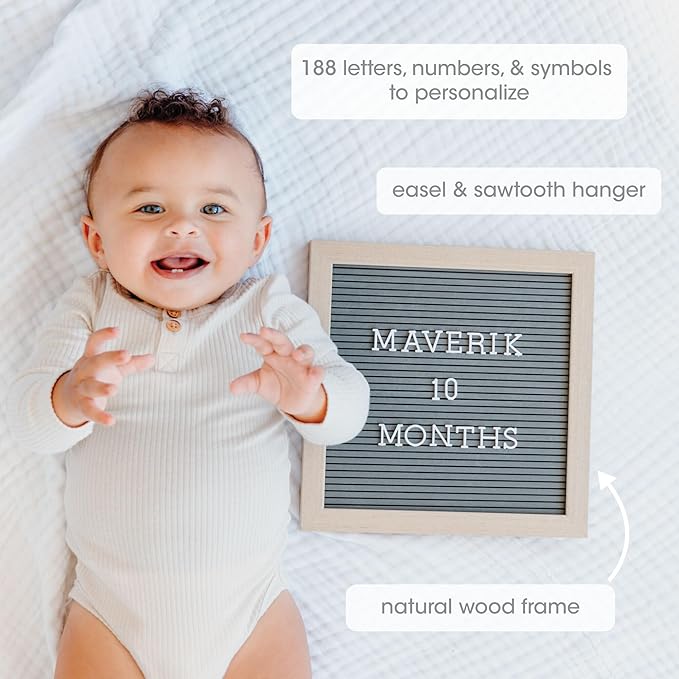 Pearhead Wooden Letterboard Set - Ideal Photo Sharing Prop for Baby Announcements, Milestone Keepsake, Custom Message Board and Shower Gift - Includes 188 Letters, Numbers, and Symbols - Gray