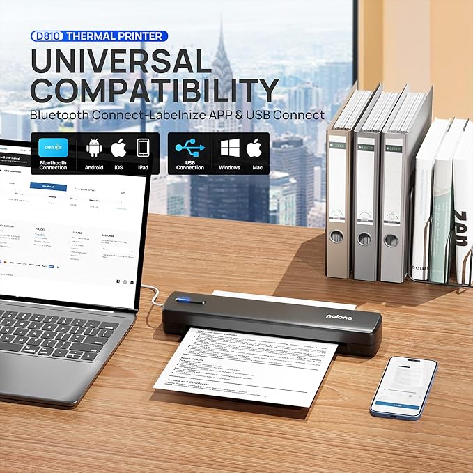 POLONO Portable Printer Wireless for Travel, D810 Bluetooth Thermal Printer Support for 8.5"x11" US Letter, Inkless Compatible with iOS, Android, Laptop for Office, Car and Home, Black