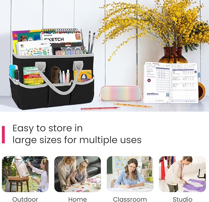 Godery Desktop Tote and Organizer, Teacher Helper Bag for Arts, Books, Stationery, Office Desk Organization, Make-up Storage with Handles for Travel (BLACK-2)