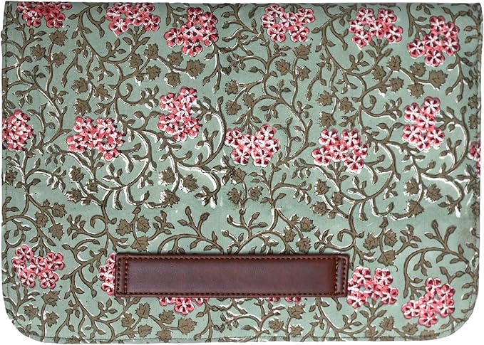 Cotton Hand Block Print Laptop Sleeve Case Bag Compatible with MacBook Air/Pro, 13-13.3 inch Water-Resistant Notebook, Travel Carrying Case Bag Protective Portable Computer Bag, Green 2