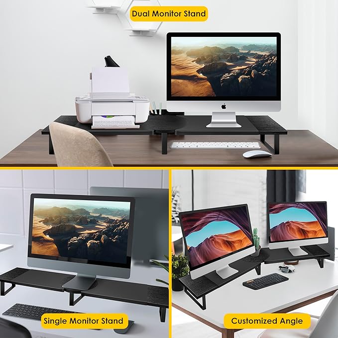 Dual-Monitor-Riser-Stand-For-Desk, Large Monitor Stand Riser For 2 Monitors With Adjustable Length Angle, Double Computer Riser For Desktop Organizer, Monitor Shelf Riser For TV Laptop Printer