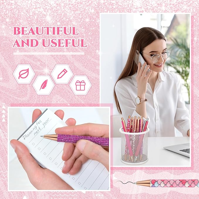 Sherr 7 Pcs Fancy Pens for Women Cute Sparkly Glitter Pens with 10 Pcs Black Ink Refills Pretty Gifts for Girls Office School Christmas Graduation(Hot Pink,Lovely)