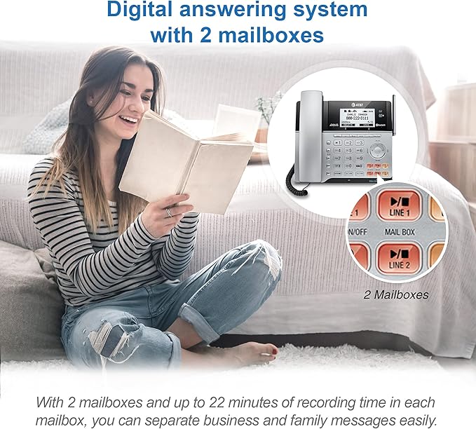 AT&T TL86103 2-Line Corded/Cordless for Small Business with Answering Machine, 2-Mailboxes, Connect-to-Cell, Caller ID Announcer, Intercom, Line-Power, Long Range & Expandable to 12 Handsets