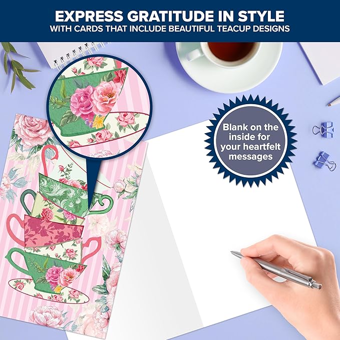 Decorably 24 Pack 4x6in Tea Cup Note Cards with Envelopes and Stickers, 12 Adorable Designs Teacup Note Cards, Blank Inside - Kid's Party, Birthday