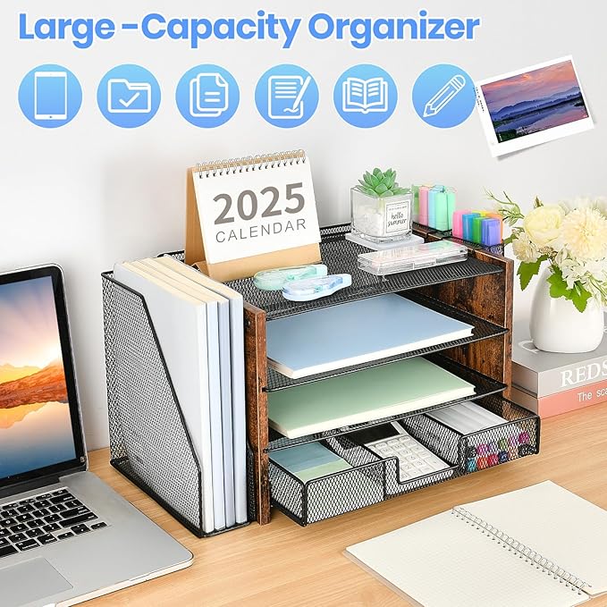 Desk Organizers and Accessories, Desk Accessories & Workspace Organizers for Office Supplies, File Organizer Desk Drawer Organizer with 2 Pen Holders, 4 Tier Paper Organizer for Desk(Wood)