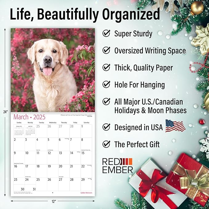 RED EMBER Select - Golden Retrievers 2025 Wall Calendar 12 Month | 12" x 24" Open | Thick & Sturdy Paper | Giftable | Calendar 2025