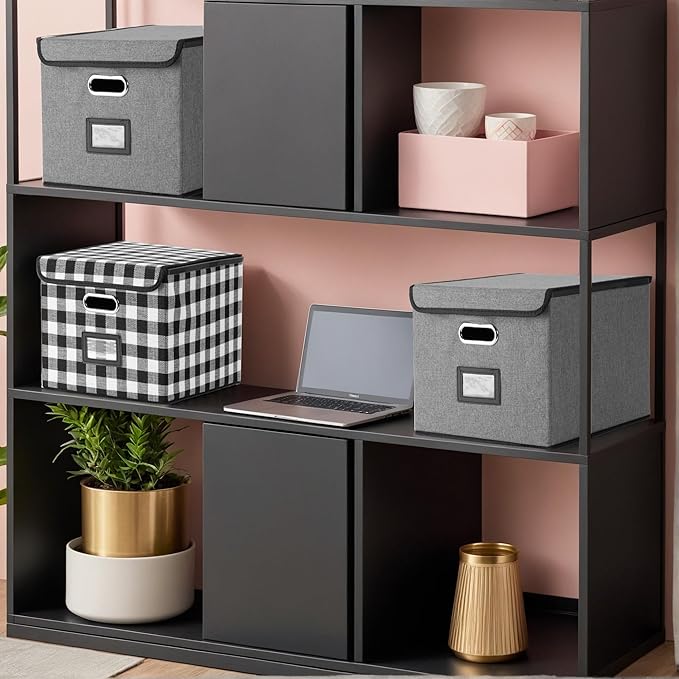 File Organizer Box with Lid for Hanging Folders, Collapsible Storage File Box with Plastic Slide, Portable Document Organizer for Office Home School Desktop Use, Black and White Lattice