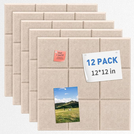 Smarpau 48"x36" Felt Bulletin Boards Felt Wall Tiles 12 Pack Large Corkboard Cork Bulletin with Removable Adhesive Tabs Square Cork Wall Tiles for Office Home Classroom Deep Camel