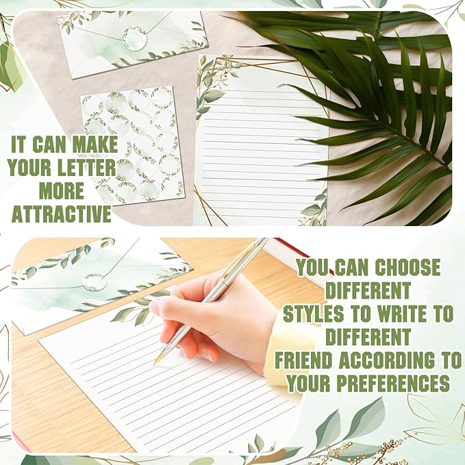 TaoBary 160 Packs Stationery Paper Set (50 Double Sided Stationery Writing Papers 50 Matching Envelopes) 60 Round Dot Sticker, 10 Design (8.5 x 11 Inch,Green Leaves)