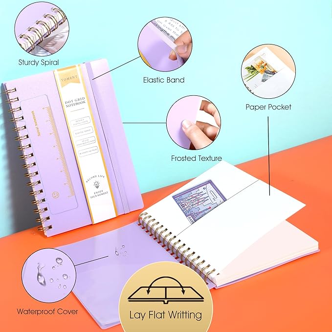 Dot Grid Spiral Notebook A5 Spiral Bullet Dotted Journal 160 Pages Thick Dot Paper Notebooks Plastic Hardcover Spiral Notebook 5x7 Wire Bound Notebooks for Note Taking School Office Supplies,Purple